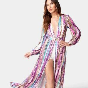 BEBE DEEP V PRINTED MAXI DRESS